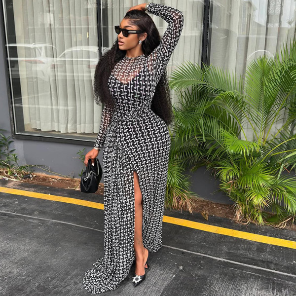 Split slightly transparent waist bag and hip skirt with printed high neck long sleeved dress