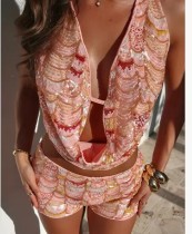 Beaded backless over-the-shoulder strap shorts set