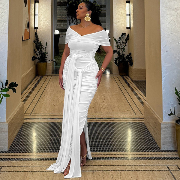 One collar off shoulder sleeveless flowing ribbon style slit skirt