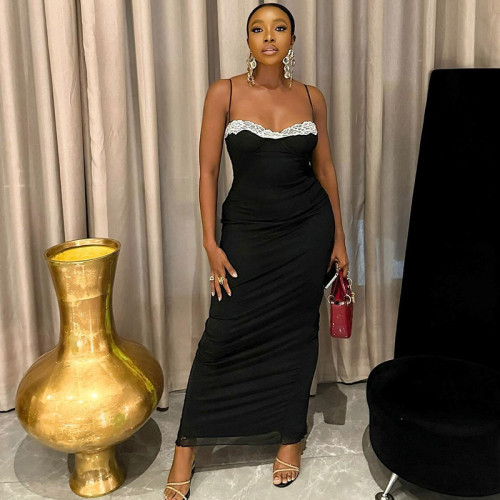 Splicing backpack hip skirt pleated contrasting suspender long dress