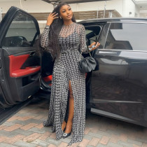 Split slightly transparent waist bag and hip skirt with printed high neck long sleeved dress Split slightly transparent waist bag and hip skirt with printed high neck long sleeved dress