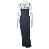 Splicing backpack hip skirt pleated contrasting suspender long dress