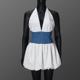 Backless strap contrasting splicing neck hanging dress