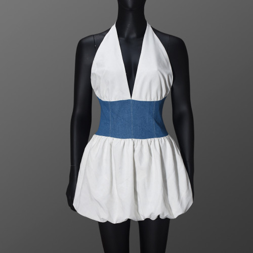 Backless strap contrasting splicing neck hanging dress