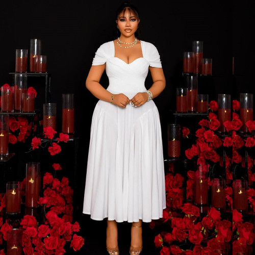 Pleated A-line skirt V-neck short sleeved slim fit backless long dress