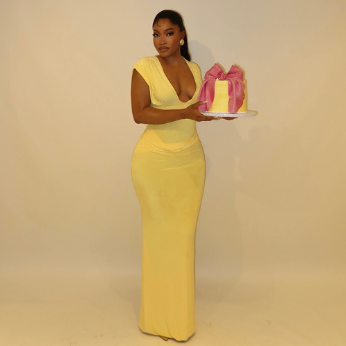 Wrinkled hip hugging skirt V-neck sleeveless temperament dress