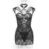 Lace dress with steel ring gathered, neck wrapped, hip skirt set