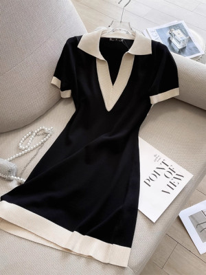POLO collar short sleeved knitted dress straight tube loose V-neck T-shirt skirt