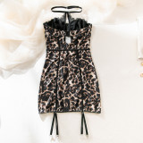 Large lace patchwork leopard print hollowed out steel ring gathered dress