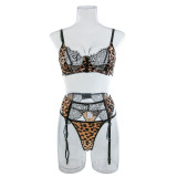 Leopard print waistband jumpsuit with steel ring gathered lace three piece set on the upper body