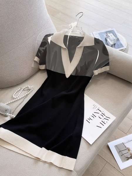 POLO collar short sleeved knitted dress straight tube loose V-neck T-shirt skirt