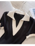 POLO collar short sleeved knitted dress straight tube loose V-neck T-shirt skirt