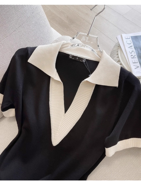 POLO collar short sleeved knitted dress straight tube loose V-neck T-shirt skirt