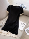 POLO collar short sleeved knitted dress straight tube loose V-neck T-shirt skirt
