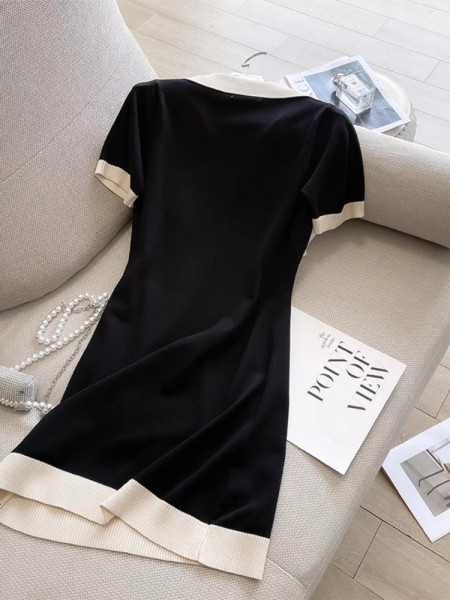 POLO collar short sleeved knitted dress straight tube loose V-neck T-shirt skirt