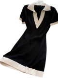 POLO collar short sleeved knitted dress straight tube loose V-neck T-shirt skirt