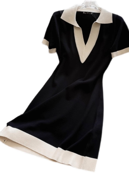 POLO collar short sleeved knitted dress straight tube loose V-neck T-shirt skirt