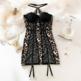 Large lace patchwork leopard print hollowed out steel ring gathered dress