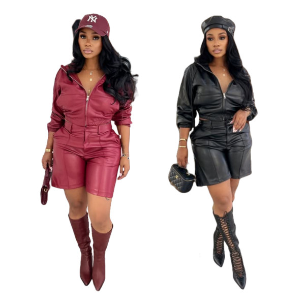 Hooded long sleeved leather jacket five quarter pants set