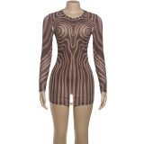 Mesh see through striped printed bag hip dress