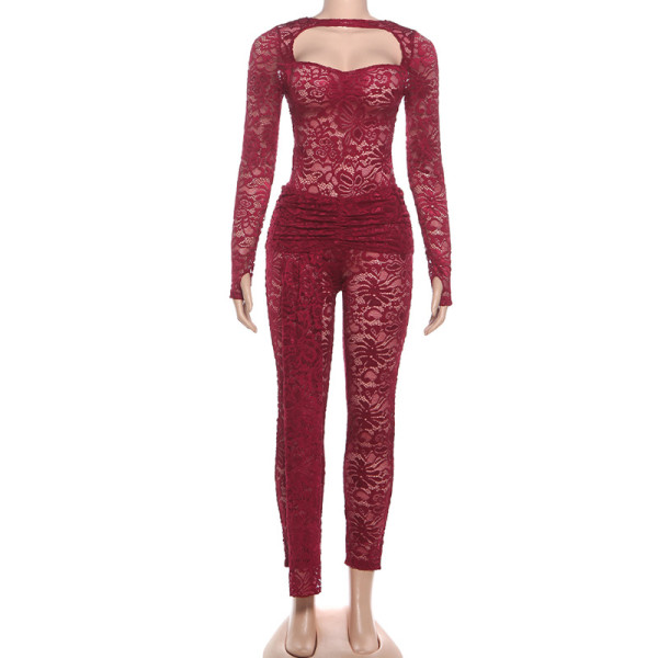 Perspective hollowed out backless lace up high waisted pants set