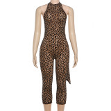 Printed sleeveless tight fitting backless jumpsuit