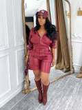 Hooded long sleeved leather jacket five quarter pants set