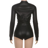 Solid color leather tight fitting long sleeved shorts set