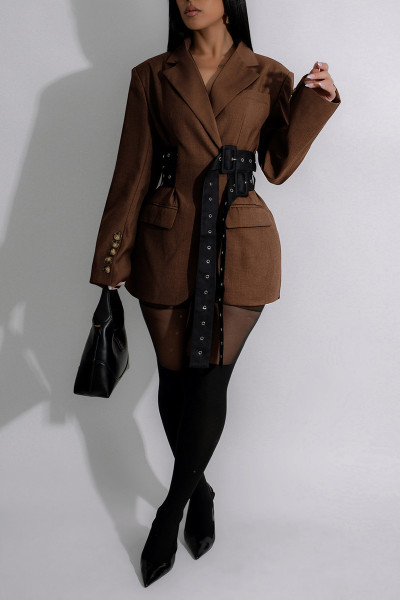 Tailored Long Sleeve Blazer with Side Tie Waistband and Paneling