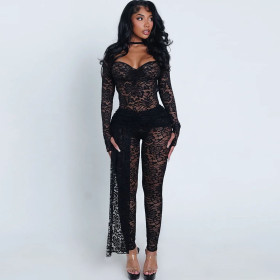 Perspective hollowed out backless lace up high waisted pants set