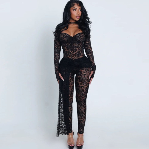 Perspective hollowed out backless lace up high waisted pants set