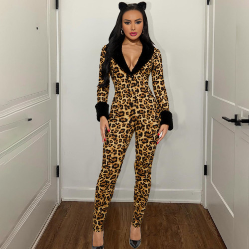 V-neck fur collar spliced jumpsuit