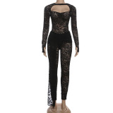 Perspective hollowed out backless lace up high waisted pants set