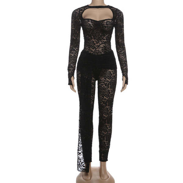 Perspective hollowed out backless lace up high waisted pants set