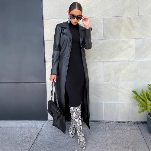 Long Wool Blazer with Turn-Down Collar and Button-Up Design LD2271