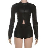 Solid color leather tight fitting long sleeved shorts set