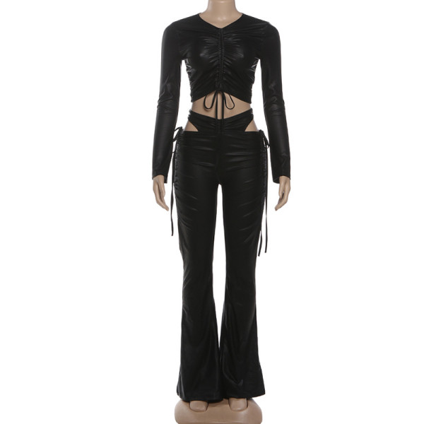Wrinkled short waist high waisted straight leg pants set with exposed navel