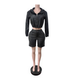 Hooded long sleeved leather jacket five quarter pants set