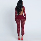 Perspective hollowed out backless lace up high waisted pants set