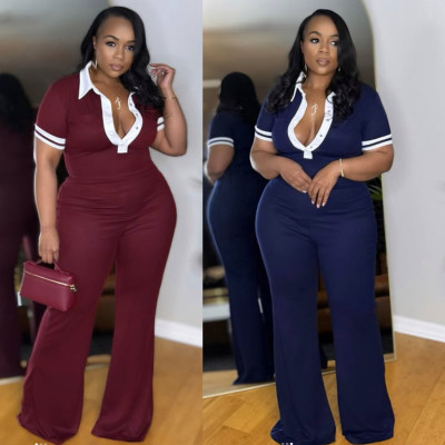 Slim fit elastic contrasting collar slightly flared jumpsuit