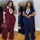Slim fit elastic contrasting collar slightly flared jumpsuit