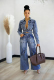 Micro elastic multi pocket washed denim set two-piece set