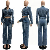 Micro elastic multi pocket washed denim set two-piece set