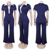 Slim fit elastic contrasting collar slightly flared jumpsuit