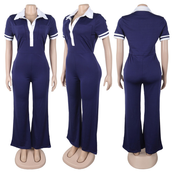 Slim fit elastic contrasting collar slightly flared jumpsuit