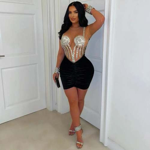 Short dress with rhinestone mesh splicing velvet wrapped buttocks