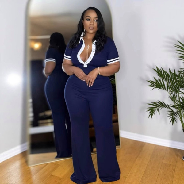 Slim fit elastic contrasting collar slightly flared jumpsuit