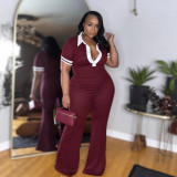 Slim fit elastic contrasting collar slightly flared jumpsuit