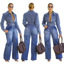 Micro elastic multi pocket washed denim set two-piece set