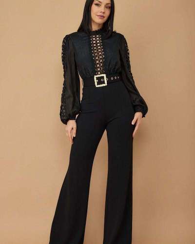 Lace patchwork lace up wide leg jumpsuit
